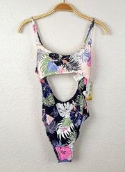 Women's Keyhole One Piece Swimsuit Pink Blue  Tropical Floral MEDIUM ~ NWT