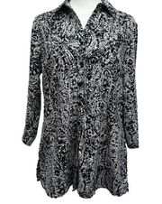 Fred David Black and White Paisley 3/4 Sleeve Button Front Top Size Medium