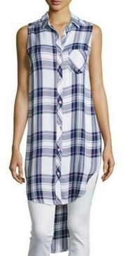 Rails Jordyn Plaid Split Tunic Tank Top Button Up Hi Low NWOT White Navy Orchid