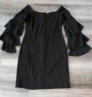 Socialite Black Tiered Ruffle Sleeve Sheath Dress Size L Zip Boat Neck B7