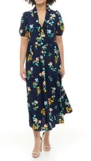 Crown & Ivy midi dress blue yellow floral tiered ruffle hem V neck fit 'n flare