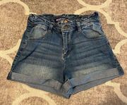 Blue spice paperbag waist jean shorts cuffed hem size 0