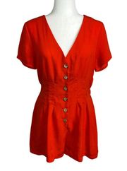 Red Deep V Button Front Short Jumper Romper Women's L