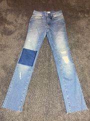 Light Blue Patched Straight Leg Jeans ( 26 )