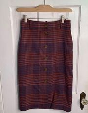 Aritzia WILFRED Tartan Plaid Leona Button-front Midi Pencil Skirt Sz 4