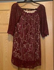 Altar'd State  Maroon Off the Shoulder Lace Dress