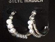 Steve Madden Pearl Baguette Crystal double hoops