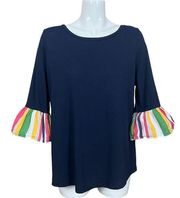 Crown & Ivy Belk Navy Blue Cotton Modal Knit Striped Bell Sleeve Top Large