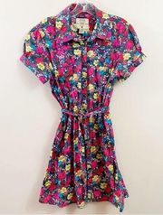 The Discovery Clothing Floral Button Down Tie Waist Navy/Pink Mini Shirt Dress