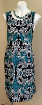 s Blue Black White Paisley Design Sleeveless Dress SZ L Midi