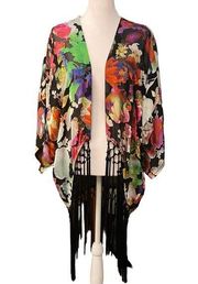 Joseph ribkoff sheer open front floral shawl tassel coverup shrug size 8/Medium