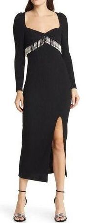 SAYLOR Alina Ribbed Imitation Pearl Fringe Long Sleeve Midi Dress (S)