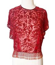 VINTAGE Jack Bryan red beaded fringe top floral