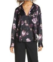 Vince S Vince Silk Floral Long Sleeve Spread Collar Black and Purple Blouse