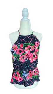 Womens Agaci Floral Windowpane High Neck Peplum Top - Sz S