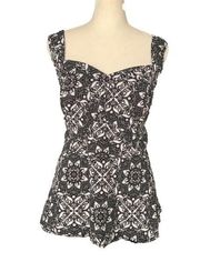 Black & White Lace Print Sateen Peplum Sleeveless Tank Top Blouse