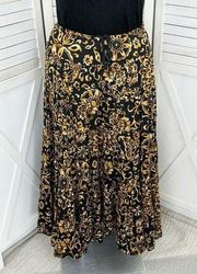 Jones New York Floral Tiered Broomstick Maxi Skirt Black Gold 10 Boho Cottage