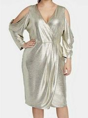 Rachel Rachel Roy Dress Gold Metallic Cold Shoulder Body Con V Neck Size XL EUC