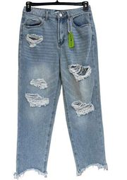 Forever 21 SZ 28 Cropped Jean Distressed Hi-Rise Zip-Fly Light Wash Frayed Hems