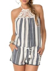 BECCA Striped and Crochet Romper Blue White Cover Up Swim Size Medium