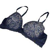 Lucky Brand Navy & Off White Cream Lace Bra Women’s Size Small / Medium Intimate