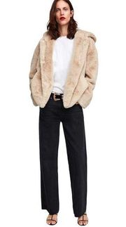 Zara Women’s Hooded Teddy Faux Fur Plush Oversized Coat Jacket Medium 6318/233