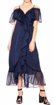 Tayla Navy Ruffle Off The Shoulder Midi Wrap Dress