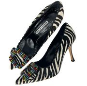 Manolo Blahnik Black And White Mafrisa Zebra Ponyskin Beaded Buckle Pumps