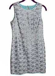 Donna Morgan cocktail dress keyhole back silver metallic embroidered design 4