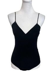 MISA Los Angeles Naomi V-Neck Spaghetti-Strap Velvet Bodysuit Black Womens Sz S