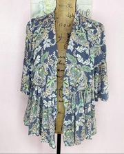 JAASE Floral Ruffle Hem Open Front Cardigan Shrug Blue Multi Small Half Sleeve