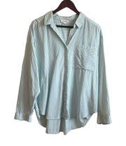 Beach Lunch Lounge Top Women XL Turquoise White Collared Long Striped Button Up