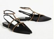 Jeffrey Campbell Pristina Slingback Rhinestone Black satin Pointed Toe Flats 8