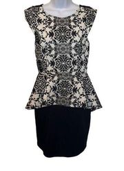 Iris Paisley Print Velvet Burnout Top Peplum Mini Dress Black & White Size L NWO