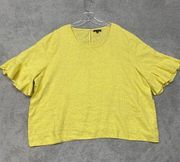 For Cynthia Shirt Womens 3X Yellow Linen Boxy Pullover Keyhole Bell Sleeve Top