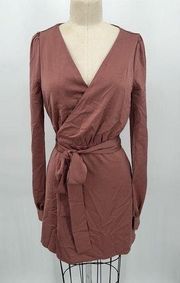 NWT NBD Janet Mini Wrap Dress Sz S Mauve Pink Puff Long Sleeve Revolve Satin