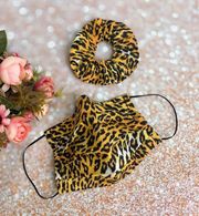 Leopard Print 100% Cotton Face Mask With Matching Scrunchies