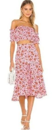 Yumi Kim Ann Street Midi Skirt Groovy Sunshine Pink Barbie Floral Medium NWT