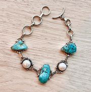 Turquoise Howlite & Natural Pearl Sterling Sliver Bracelet-AE39052