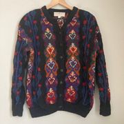 Vintage Handmade Alpaca Knit Cardigan Medium Black Colorful