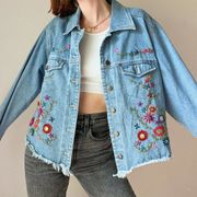 Vintage Carole Little Denim Flower Embroidered Denim Jacket w/ Raw Hem