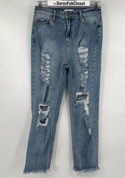 Cello Straight Destroyed Jeans Blue Denim Frayed Hem Stretch Junior's Size 5