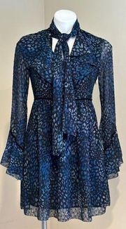 Laundry By Shelli Segal  Blue Cheetah Chiffon Sheer Mini Dress Tie On Neck