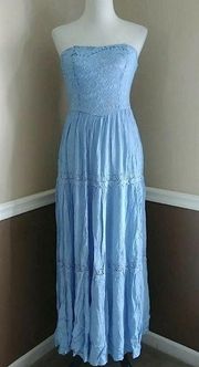 NEW Soiéblu Blue Strapless Lace Crochet Accents Boho ModCloth Maxi Dress Medium