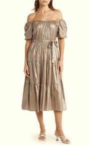 Melloday Bronze Square Neck Tiered Dress Puffed Sleeves Sz L NWT MSRP: $250