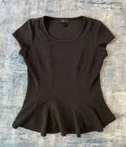 BCX Black Textured Peplum Style Short Sleeve Blouse Small