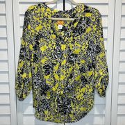 . bold floral blouse size small high low front tie lightweight sheer