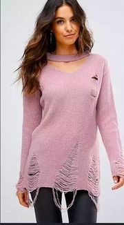 ASOS Club L Ladder Detail Choker Neck Distressed Sweater Size : U.S 10