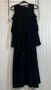 NWT Tibi Women’s Black Cold Shoulder Drawstring Waist Crepe Midi Dress Size 6