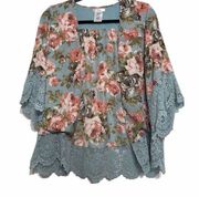 Esley Turquoise Floral Open Wide Sleeves Lace Trim